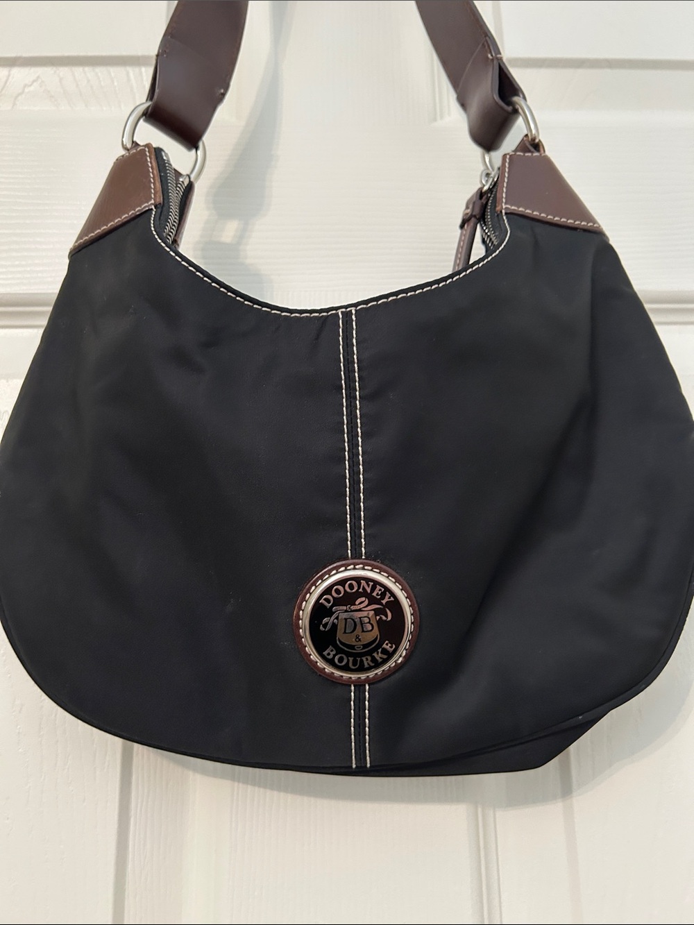 Vintage Dooney & Bourke Black Nylon Shoulder Bag with Brown Leather Trim